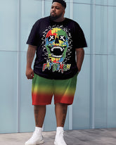 Colorful Skull Letter Print Gradient Shorts Short Sleeved Oversized Men's Set
